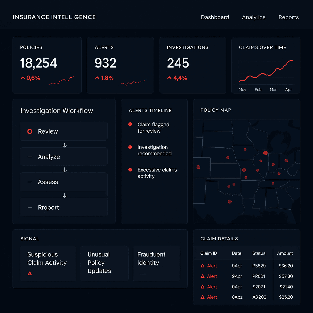 Carpe claims and investigation dashboard with alerts, investigation workflow, and policy map.