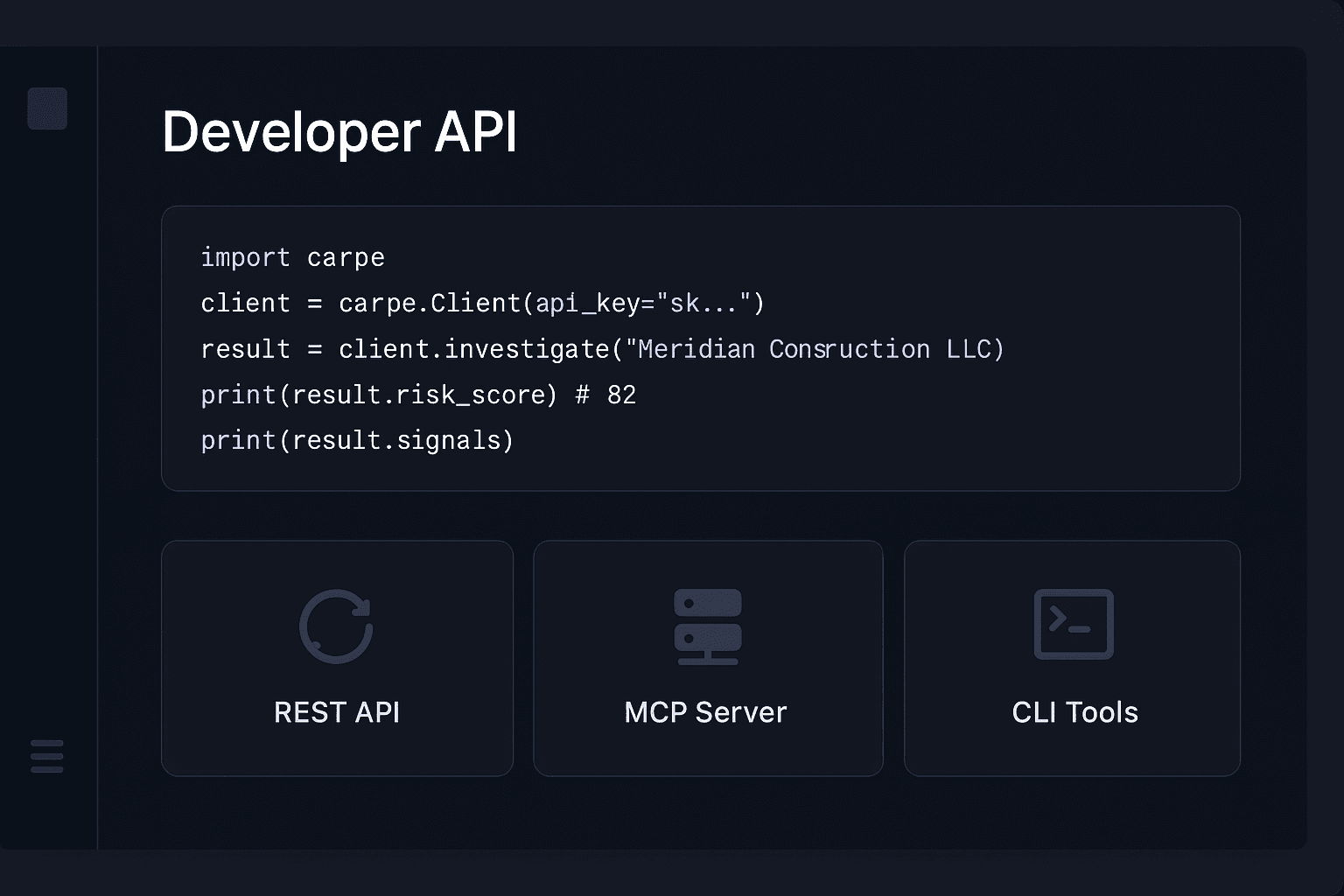 Developer experience showing Carpe API documentation, code, and workflow tooling
