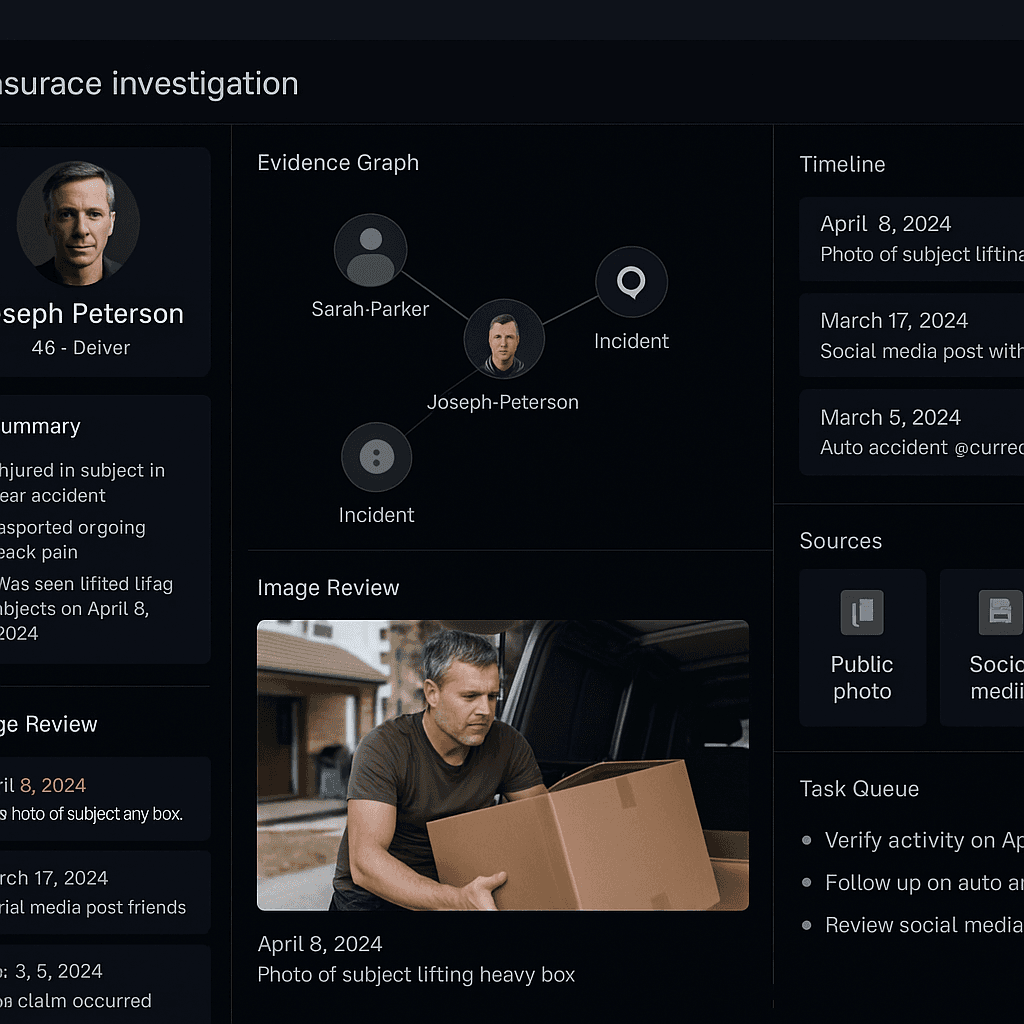 Investigation workspace with evidence graph, timeline, subject profile, and image review.