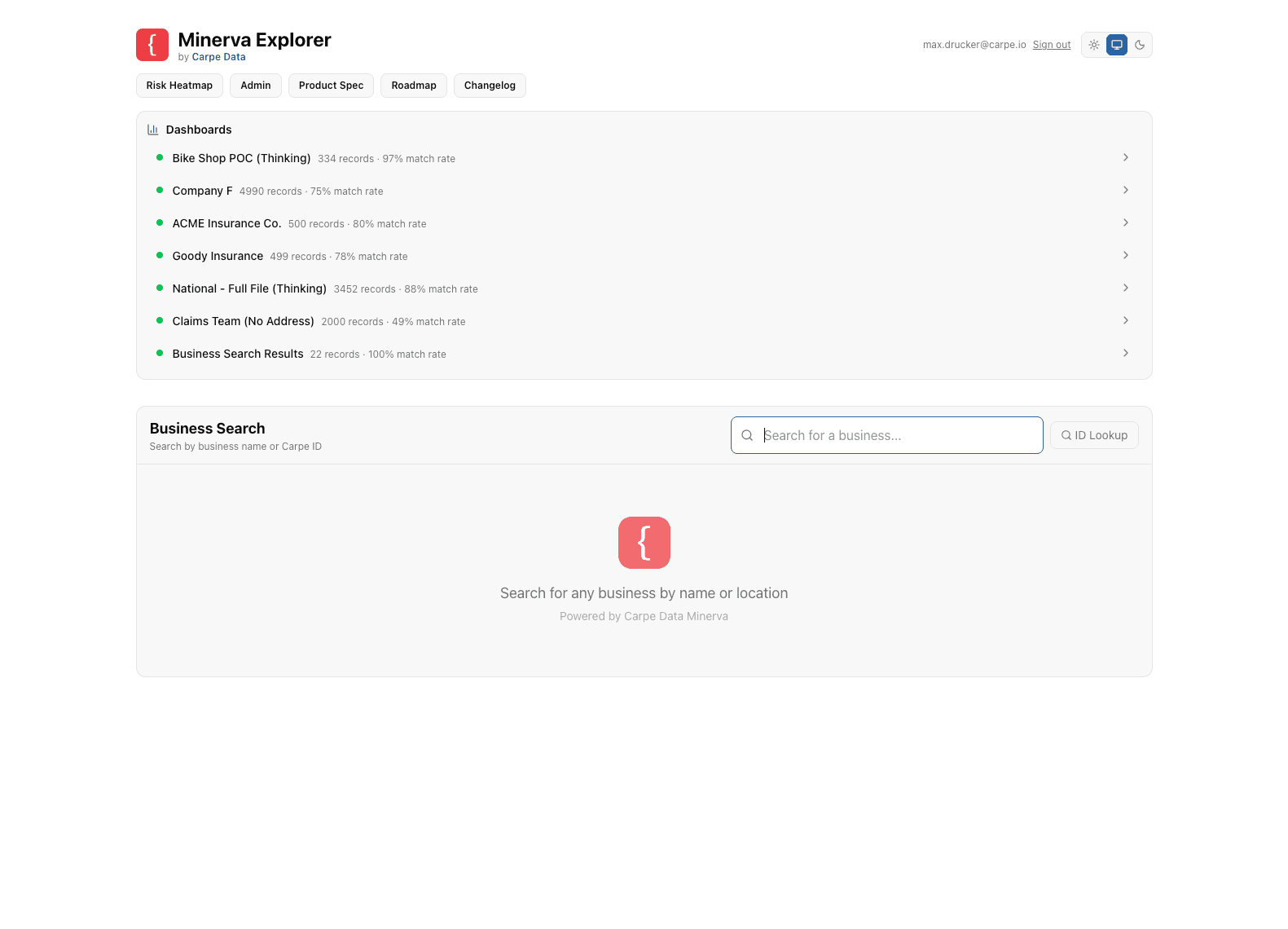 Minerva Explorer portal showing underwriting entity details and workflow views.