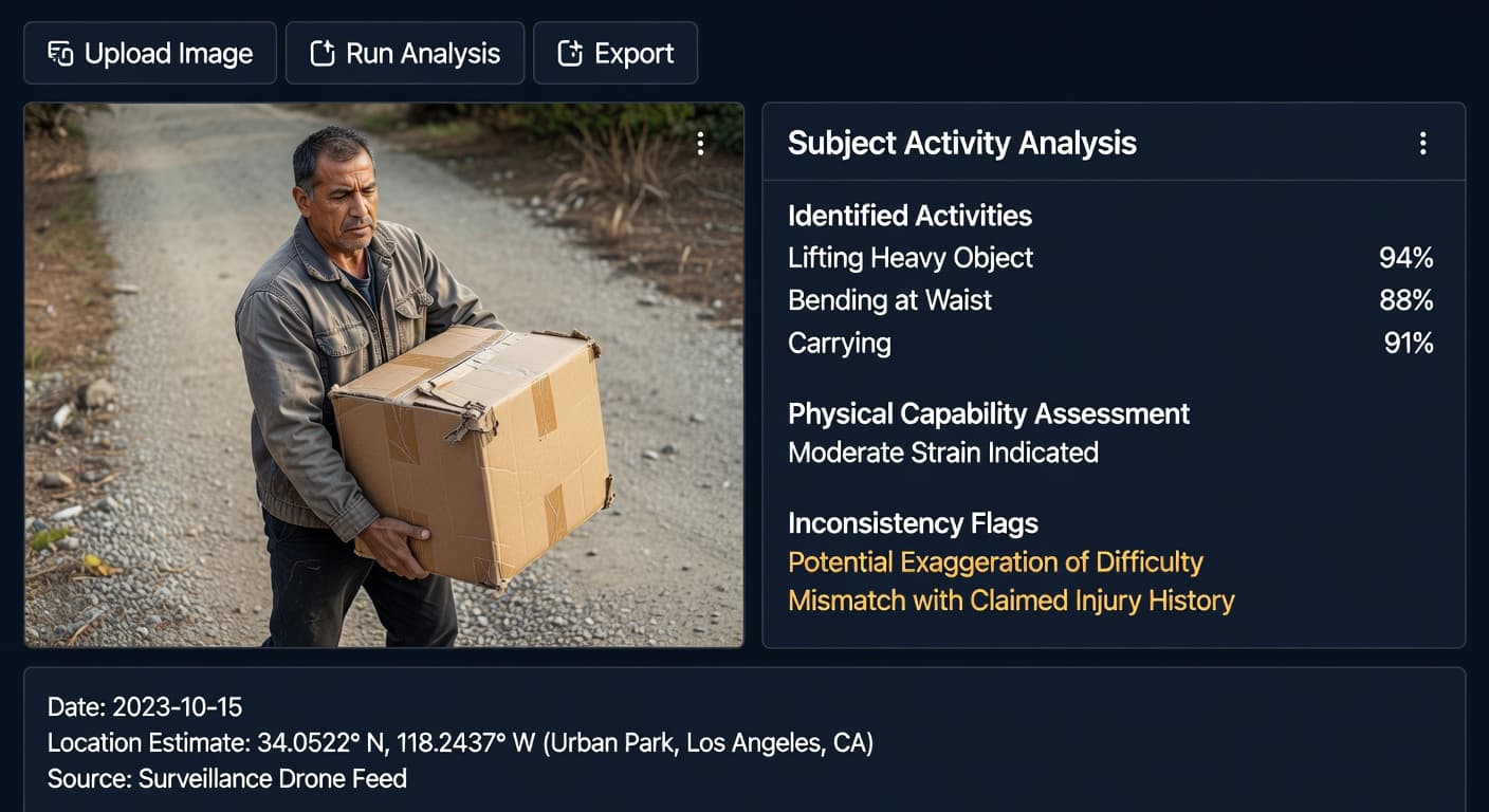 Visual analysis interface showing AI-powered image intelligence and evidence review.
